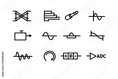 A collection of twelve minimalist black line icons representing