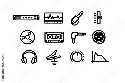 A collection of twelve minimalist black and white line icons