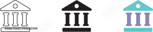 Vector graphic of three bank building icons in different colors and styles