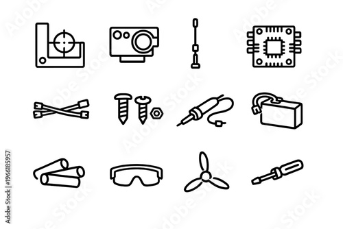 A collection of twelve black line icons representing electronics, DIY