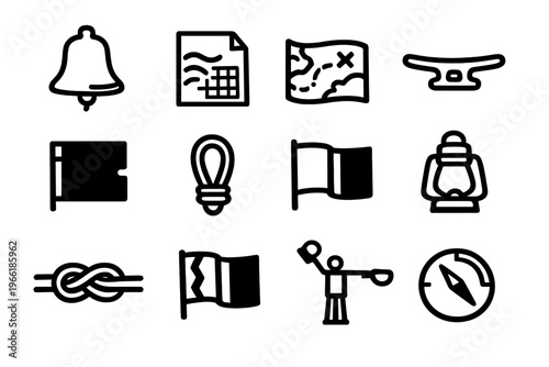 A collection of twelve minimalist black and white maritime icons