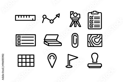 A set of twelve minimalist black line icons representing surveying