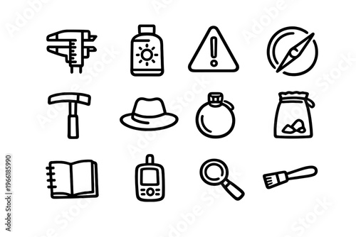 A set of twelve hand-drawn archaeology and geology field equipment