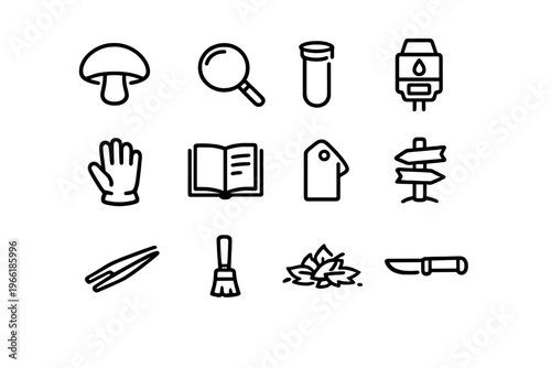 A collection of twelve minimalist line art icons for mushroom