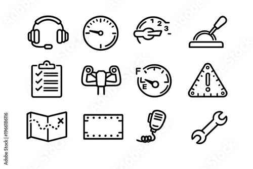 A set of twelve minimalist black and white line icons representing