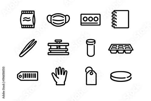 A collection of twelve minimalist black line icons representing