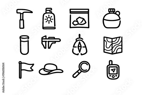 A set of twelve hand-drawn line icons representing geology and