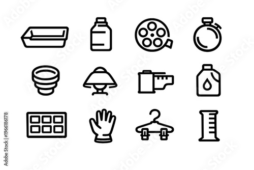A collection of twelve minimalist line icons representing analog film