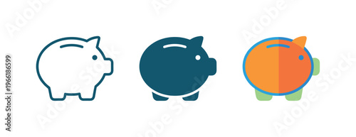 Three piggy bank icons in different styles: outline, solid, and flat design