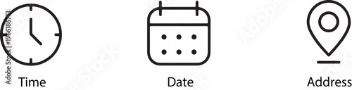 Vector graphic illustration of time, date, and address icons in black and white design