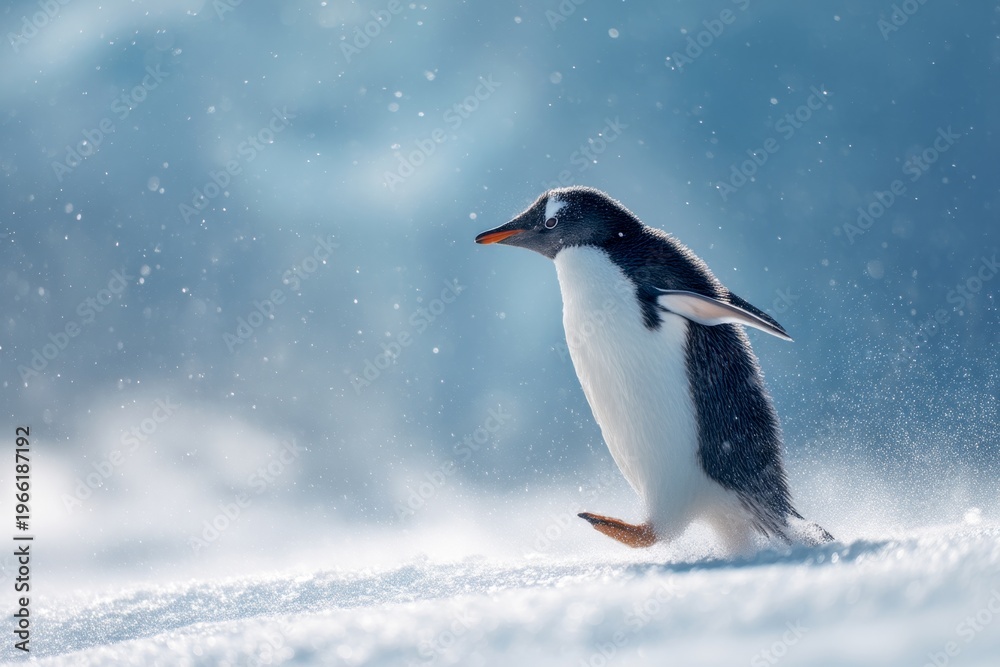 Fototapeta premium A playful penguin running through the snow catches the eye. This stunning image captures the essence of winter wildlife. Perfect for nature lovers and animal enthusiasts. AI