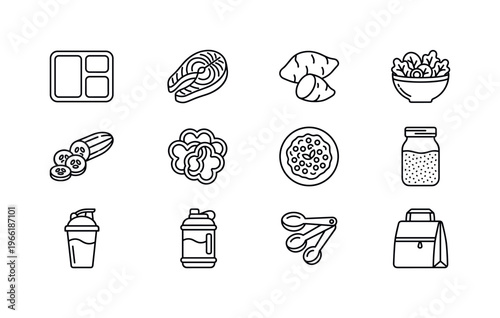 Healthy meal prep icons for balanced nutrition and fitness lifestyle