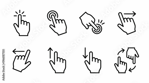 Various hand gestures for computer mouse and touchpad actions illustrated in a vector graphic design