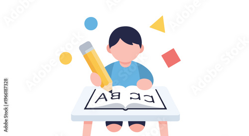 A young boy sits at a desk, writing mirrored letters in an open notebook with a large pencil while abstract colorful shapes float in the background.