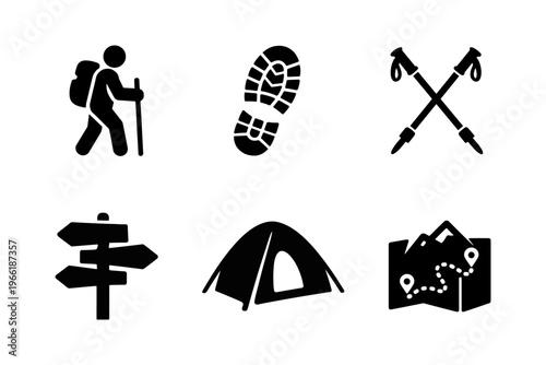Hiking and trekking solid black icon set vector illustration