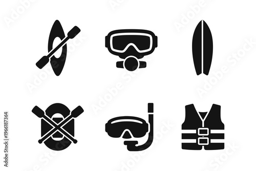 Water sports equipment solid black icon set vector illustration