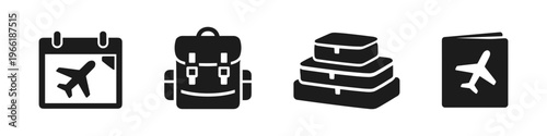 Travel essentials tourism solid black icon set vector illustration