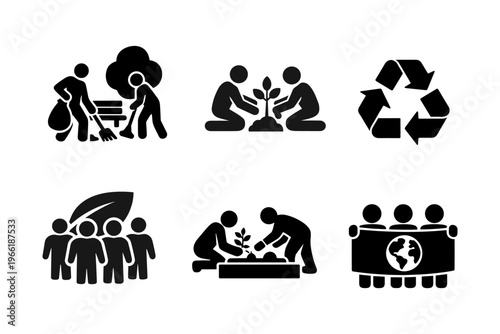 Eco volunteer action solid black icon set vector illustration