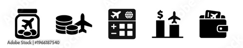 Travel budget planning solid black icon set vector illustration