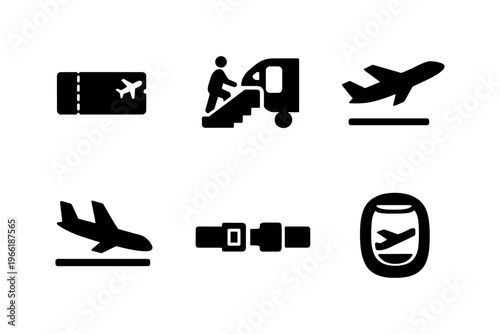 Air travel boarding solid black icon set vector illustration