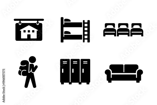 Hostel services solid black icon set vector illustration