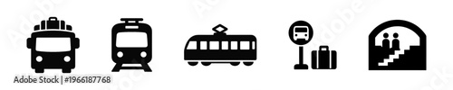 Public transport transit solid black icon set vector illustration
