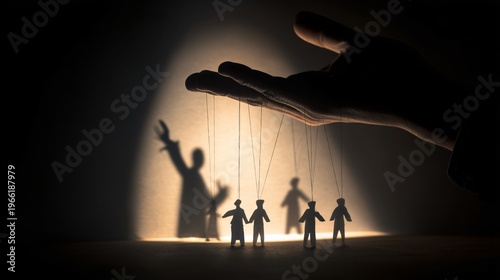 Hand controlling puppets strings silhouettes on stage floor spotlight