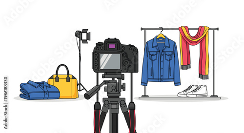 A black DSLR camera on a tripod is set up to photograph a blue denim jacket and a striped scarf on a clothing rack.
