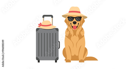 A golden retriever dog wearing a straw hat and sunglasses sits happily next to a grey rolling suitcase with another hat on top.