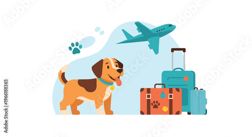 A happy brown and white dog stands beside a stack of colorful suitcases as a blue airplane flies overhead, with paw prints floating.