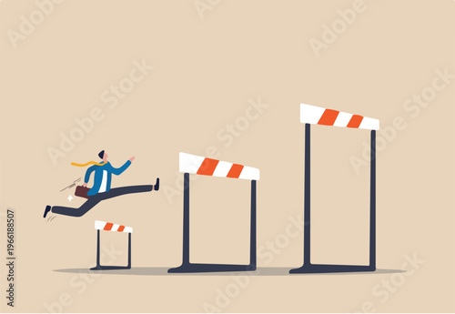 Business challenge, overcome difficulty or obstacle to achieve business success, effort, skill or aspiration to solve problem concept, ambitious businessman jump over hurdles to find higher