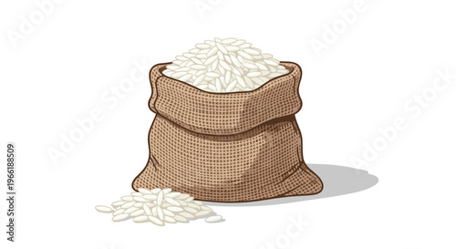 An open burlap sack overflows with white rice grains, with some spilled onto the white surface.