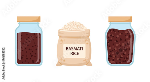 Two glass jars of red beans flank a burlap sack of basmati rice on a white surface.