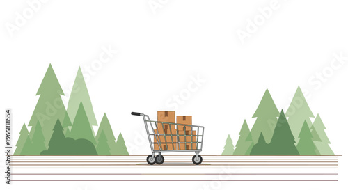 A shopping cart filled with cardboard boxes rolls on a striped path with green pine trees in the background.