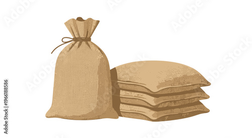 A tied burlap sack stands beside three stacked burlap pillows on a clean white background.