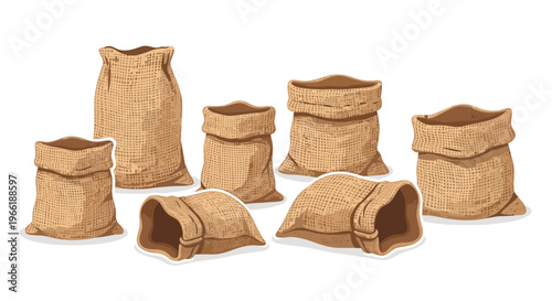 Seven empty light brown burlap sacks of various sizes and positions are arranged on a white background.