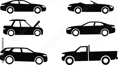 ar silhouette set featuring sedan coupe convertible SUV and pickup truck designs for automotive transport icons and vehicle vector illustration