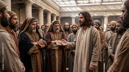 Jesus Christ speaking to a mixed group of Pharisees and disciples in an ancient temple. Biblical religious scene of teaching and conflict. Holy Tuesday historical reenactment