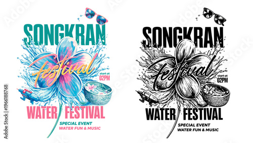 Songkran festival vector design with splash water, tropical flower and festive elements. Color and black versions in vintage halftone style, isolated on transparent background for posters, flyers, eve