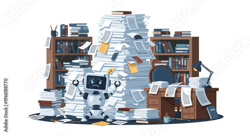 A distressed robot sits overwhelmed by a chaotic pile of documents, books, and office supplies on a white background.