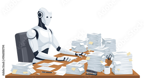 A sleek humanoid robot sits at a wooden desk, diligently working through organized stacks of paper documents.