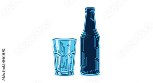 A transparent blue glass and bottle, both featuring intricate circuit board patterns, stand together on a white background.