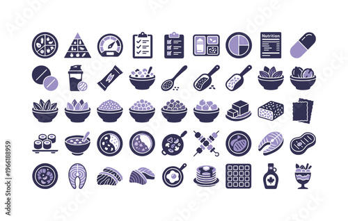 Healthy Eating Icons: Nutrition, Food Groups, and Meal Planning Concepts