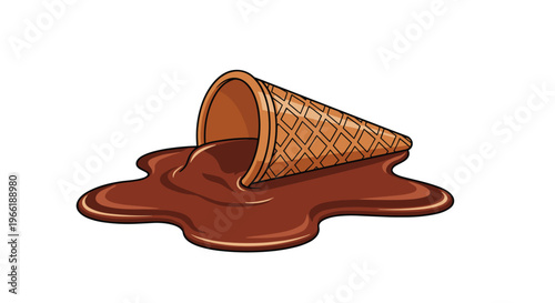A brown chocolate ice cream has fully melted into a puddle with its waffle cone lying sideways on a white background.