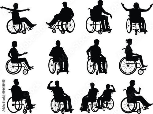 Wheelchair users silhouettes collection, disabled people vector set, accessibility lifestyle icons, inclusive mobility concept, isolated black figures, rehabilitation design elements