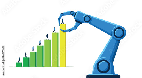 A blue robotic arm places a business person onto the highest bar of an ascending green bar graph.