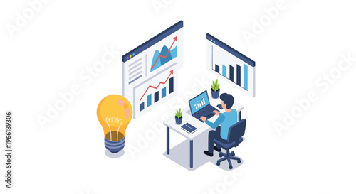 A man is working on a laptop at a desk with floating browser windows displaying charts and a large lightbulb icon.