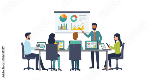 Six business professionals are seated around a conference table while a male presenter points at a whiteboard displaying various charts.