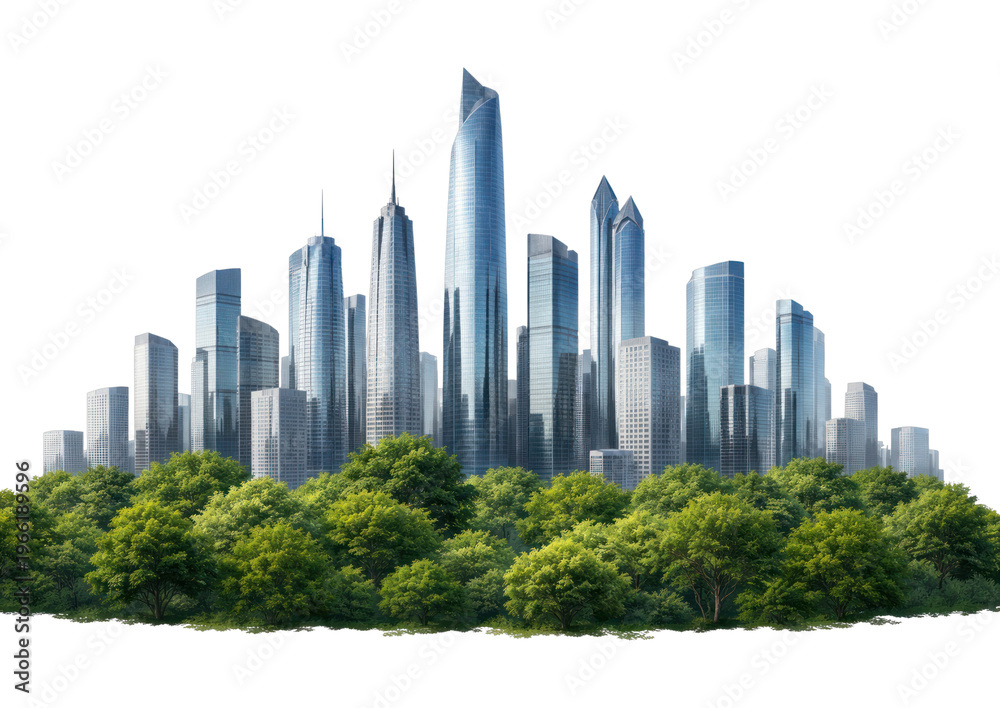 Fototapeta premium PNG Futuristic skyline meets lush greenery.