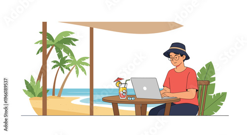 A man wearing a hat and glasses sits at a wooden table under a canopy, working on a laptop with a cocktail, overlooking a beach and ocean.